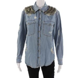 Seta Apparel Womens Denim Collared Button Long Sleeve Jacket Blue Grunge Size S